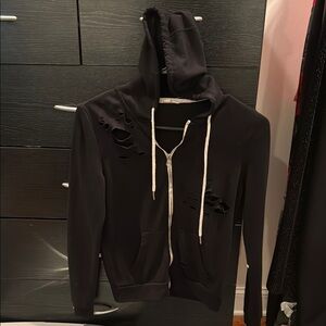 Black Distressed Hoodie with White Drawstrings